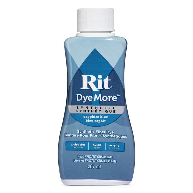 Rit Dyemore Teinture Liquide pour Fibres Synthétiques en Bleu Saphir, Bouteille de 207 ml avec Bouchon Blanc, Convient à la Teinture de Tissus en polyester, nylon et Acrylique, avec Texte Bilingue Anglais et Français sur une Étiquette Dégradé Bleue, Idéale pour l'Artisanat de Tissus et les Projets Textiles Personnalisés.
