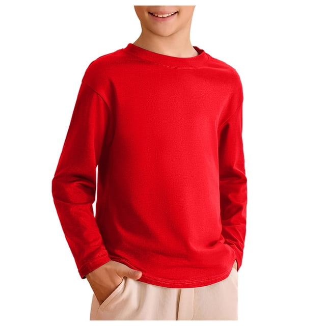 WUANDIXFA Chandails à Manches Longues pour Filles Enfants Garçons Automne Coton T-Shirts à Col Rond à Manches Longues Tee Hauts Rouge, 9-10 Ans
