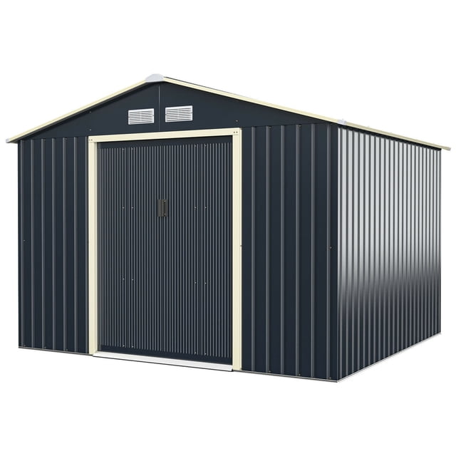 Gymax 9' x 8' Outdoor Tool Storage Shed Large Utility Storage House with sliding door, constructed from grey powder-coated steel. Features include a sloped roof, four air vents for ventilation, and 70.4 sq.ft of floor space. Suitable for storing tools, bikes, hoses, lawnmowers, or as a pet house, garbage chamber, or metal shed for outdoor storage in the backyard or garden.
