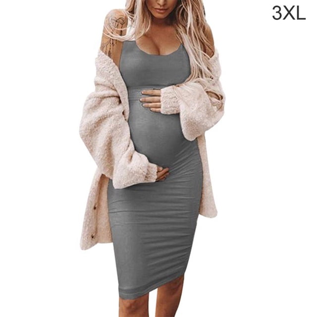 Robe Femme Enceinte Sans Manches Robe Courte Couleur Unie Tenue d'Été, Gris, 3TG