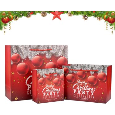 3 Pcs Christmas Paper Gift Bags Set with Handles, Xmas Gift Bags in 3 Size Large Medium Small, Red Blue Gift Bags Reusable Gift