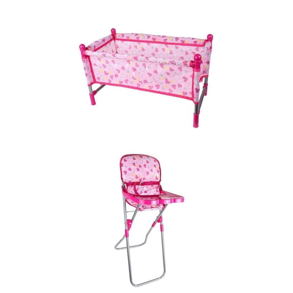 Milaget Simulation Newborn Baby Toddler Fun Play Pretend Furniture Pink High Chair Crib Bed Set For Reborn Dolls Supplies