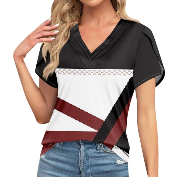 Womens Casual Geometric Print Tops Crewneck Short Sleeve T Shirts Fashion 2024 Spring Summer Loose Fit Shirts ,Wine-9 L