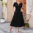 thumbnail image 4 of biudgviw Robes Maxi pour Femmes Été Manches Courtes Col en V Oeillets Ajouré à Étages Robe Trapèze Fluide Robe de Plage Vacances, 4 of 5