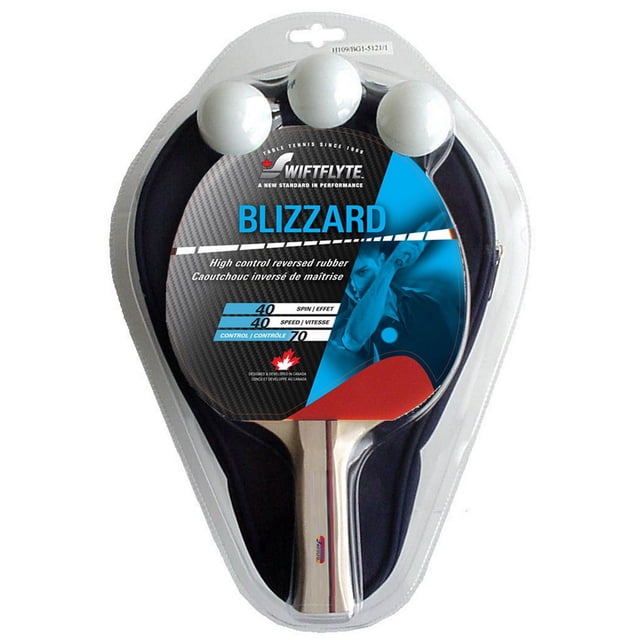 Swiftflyte Blizzard Tennis Ensemble de Table avec une Palette en Bois avec une Poignée concave et un Caoutchouc Inversé à Haut Contrôle, un Étui Noir à Fermeture à Glissière et Trois Balles de Ping-Pong Blanches de 40 mm, Convient pour une Utilisation Récréative et en club.
