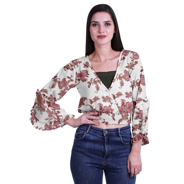 Moomaya Printed Womens Crop Top Wrap Style Top Wear Ruffle Long Sleeve Casual Summer Blouse