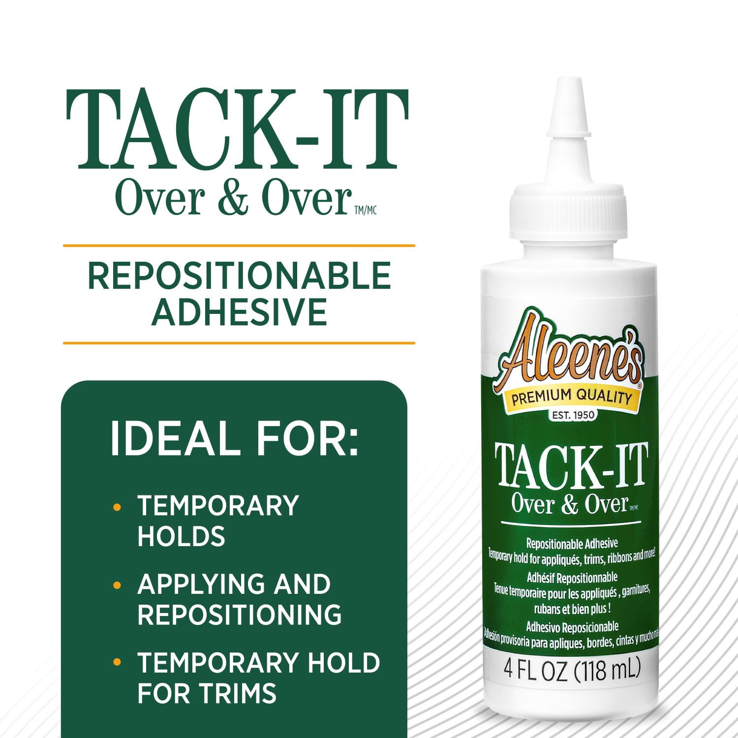 Adhésif repositionnable Aleene’s Tack-It Over & Over, 118 ml – Colle temporaire pour tissus, pochoirs, décorations et projets créatifs