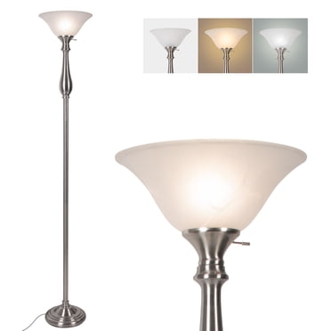 Torchiere Floor Lamp pour Salon, Lampe sur Pied avec Abat-Jour en Verre Albâtre Blanc, Lampadaires en Nickel Brossé Fer, Lampes d'Angle pour Chambre, Bureau, Lecture