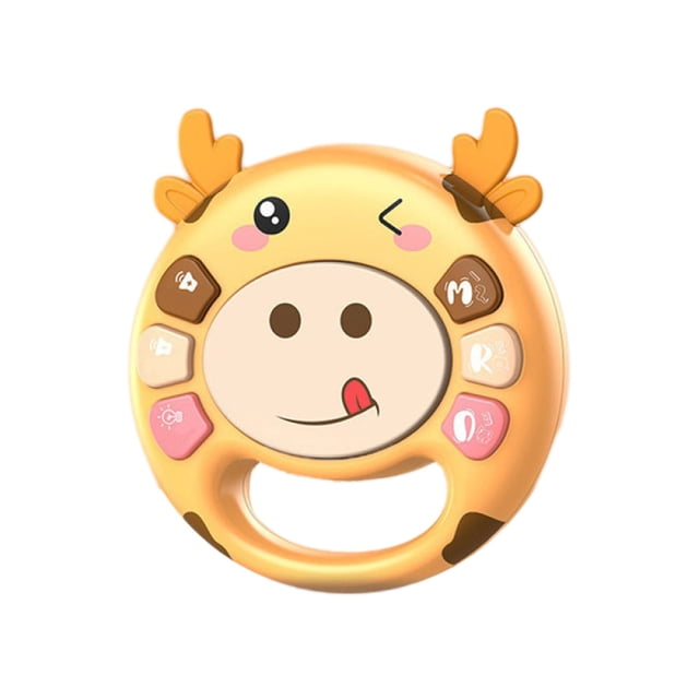 Yellow Infant Hand Drum Toy With Silicone Teether Grip Training Early Educational Percussion Instrument 6.3 Inches 0.26 Lbs Safe Material Portable Fun Learning Activity