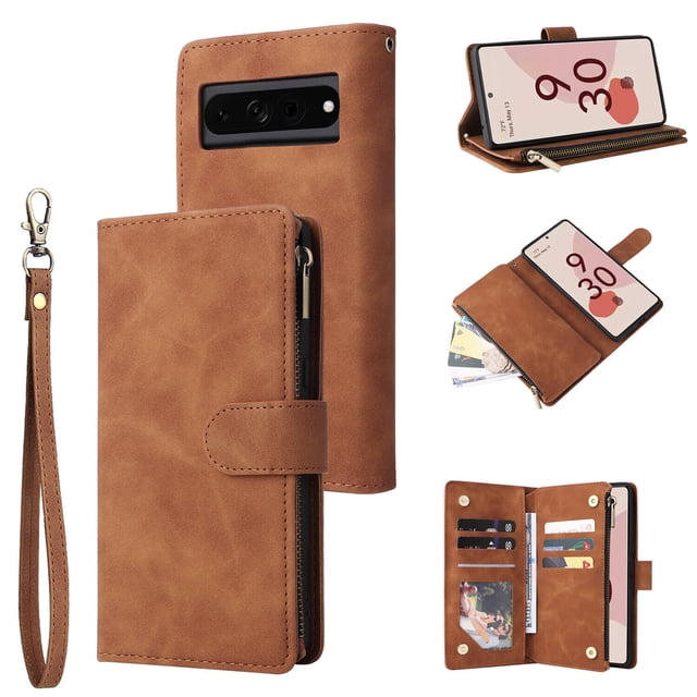 Case for Google Pixel 7 Pro 5G Leather Magnetic Handbag Zipper Pocket Cover Wrist Strap