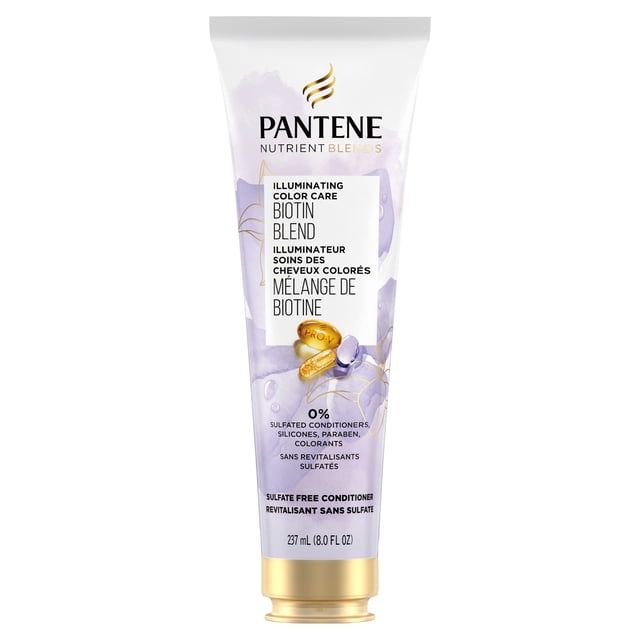Pantene Sulfate Free Conditioner Illuminating Hair Color with Biotin in a 237 mL tube featuring white and lavender watercolor design with gold accents, free from sulfates, silicones, parabens, and colorants, formulated to nourish and protect color-treated hair.
