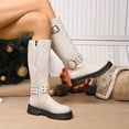 thumbnail image 4 of Fall Mid Calf Combat Boots for Women 2025 Buckles Studded Leather Platform Chunky Cowboy Riding Tall Boots, 4 of 7
