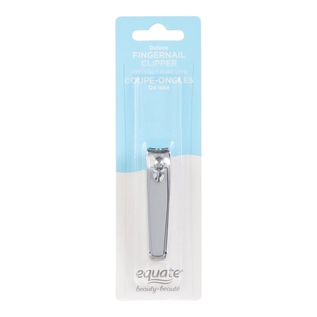 Equate Beauty Deluxe Fingernail Clipper with integrated file, silver metal finish on blue and white branded card, designed for precise nail trimming and grooming, also suitable for trimming small craft materials.