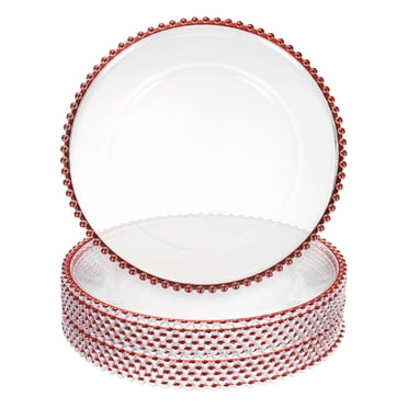 Uxcell 12pcs Clear Charger Plates Bulk, 13" Plastic Round Charger Plates with Bead Trim Dinner Dessert Plate for Wedding Party Event Table Setting Decoration, Red