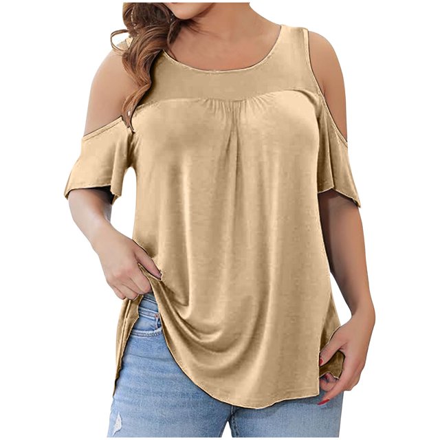 FAIWAD T-Shirts à Épaules Dénudées d'Été pour Femmes, Manches Courtes, Col Ras du Cou, T-Shirts Unis, Tunique Basique Décontractée