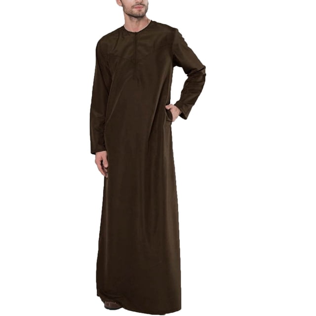 PEZHADA Ensemble de Robe Musulmane pour Homme Robe Arabe Mi-Longue à Manches Longues Col Montant Fermeture Éclair Robe Décontractée Brun