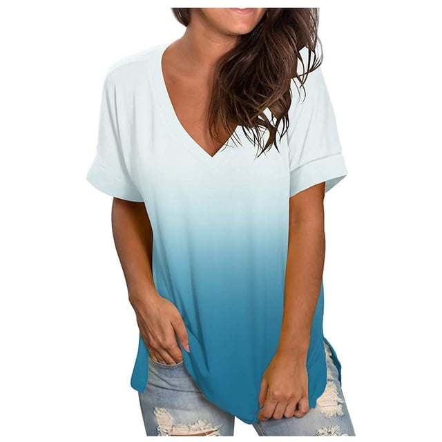 T-shirt Décontracté Mode Femme Col en V Dégradé Manches Courtes Ample
