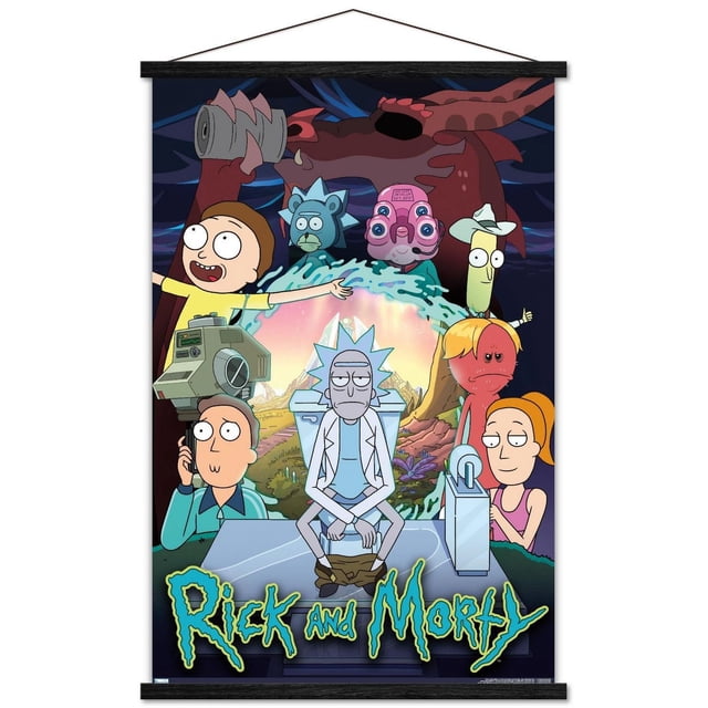 Rick And Morty - Affiche Murale de Groupe Saison 4, 14,725 Pouces x 22,375 Pouces Mettant en Vedette Rick Sanchez Assis sur une Toilette Futuriste avec Pantalon Abaissé, Entouré de Morty Smith avec les Bras Tendus, Jerry Smith sur un Téléphone, et d'Autres Personnages Incluant une Créature Rouge Semblable à un Dragon, une Figurine Bleue Semblable à un Ours, un Extraterrestre Rose aux Yeux Multiples et un Personnage Jaune Portant un Chapeau de cowboy. l'Arrière