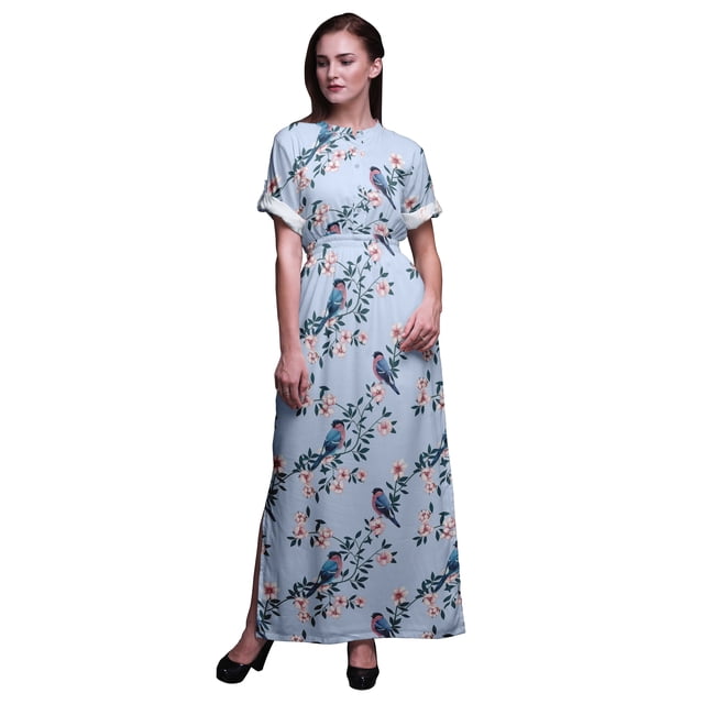 Bimba Robe Longue Imprimée en Rayonne Pêche Florale et Merle d'Amérique, Taille Smockée, Fente Latérale, Robe pour Femme - XX-Grand