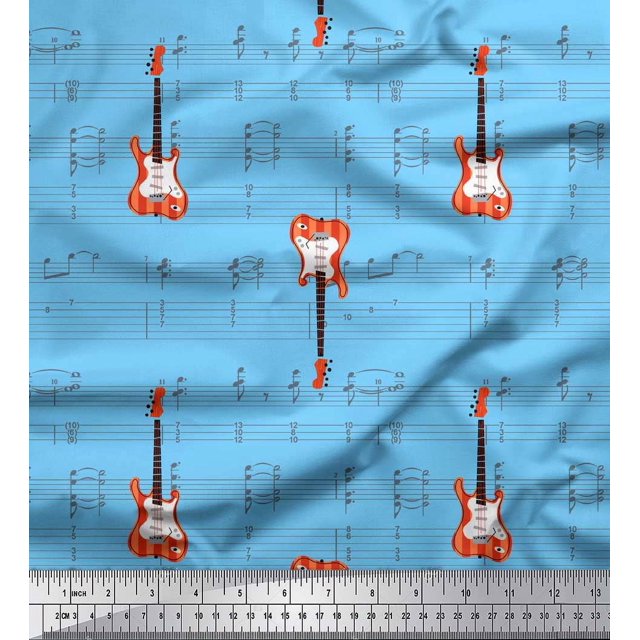 Soimoi Blue polyester Crepe Fabric Notes & Guitar Musical Instrument Decor Fabric Printed Yard 52 Inch Wide
