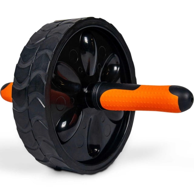 IBF Iron Body Fitness Deluxe Double Ab Wheel Roller with dual black non-slip TPE wheels and ergonomic orange comfort-grip handles, shown angled on a white background, designed to strengthen core, arms, shoulders, chest, and back muscles.