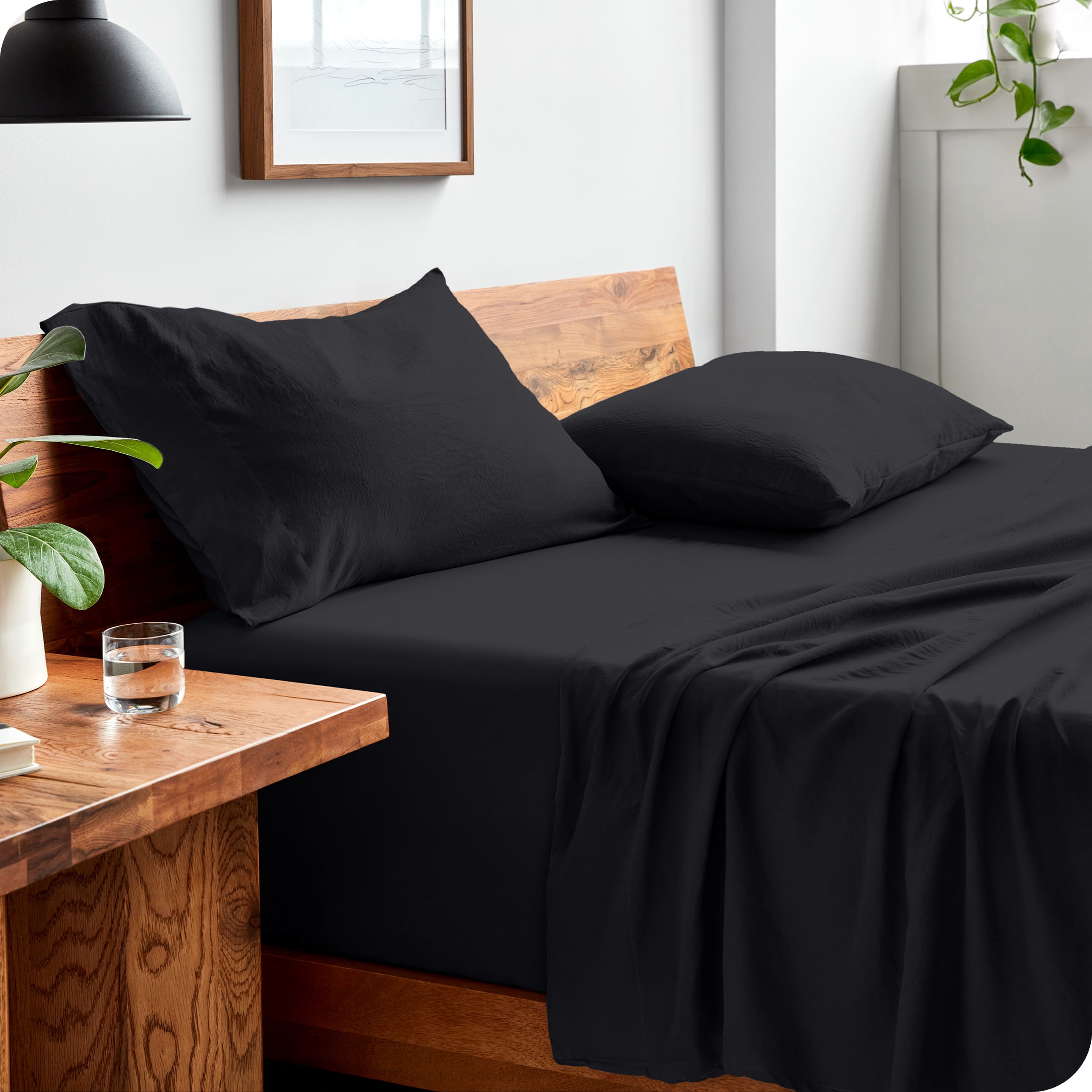 Bare Home Ensemble de Draps Lavés - Premium 1800 Collection - Poche Profonde - 3 Pcs - Lit Simple, Noir