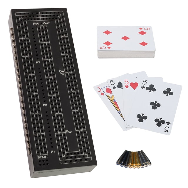 WE Games 3 Player Wooden Cribbage Set - Easy Grip Pegs - Black Stained