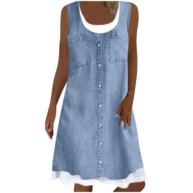 FAIWAD Robe Boutonnée pour Femmes Col Ras du Cou Sans Manches Robe Trapèze Filles Été Décontractée Ample Midi Robe d'Été