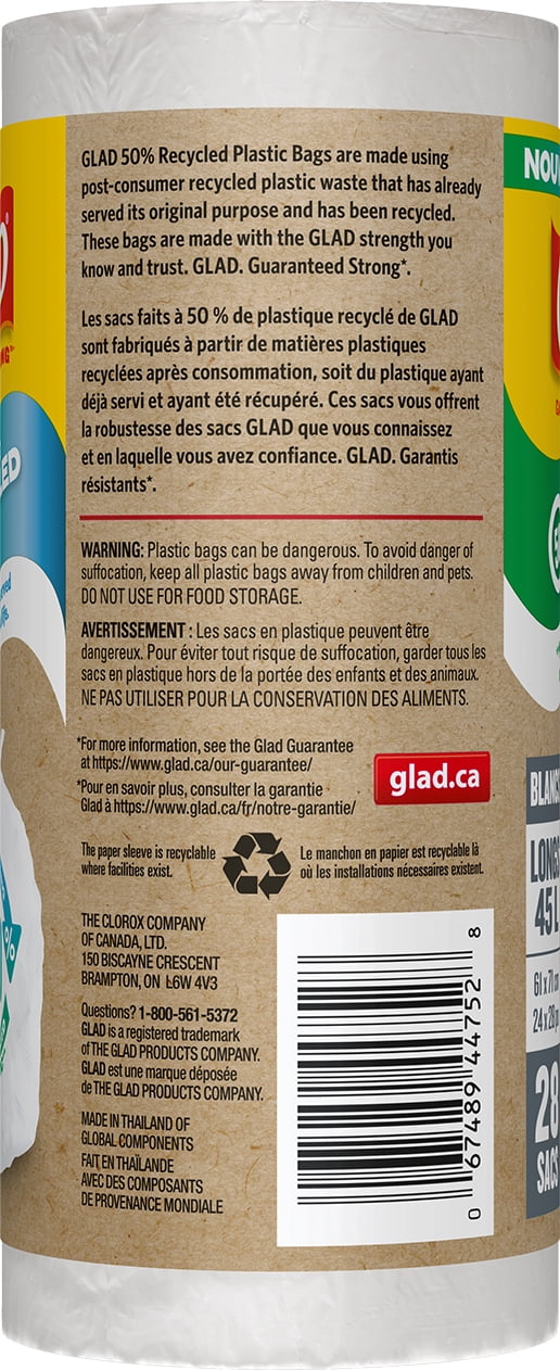 Glad White Garbage Bags - Tall 45 Litres - Made using 50% Recycled Plastic, 28 Trash Bags