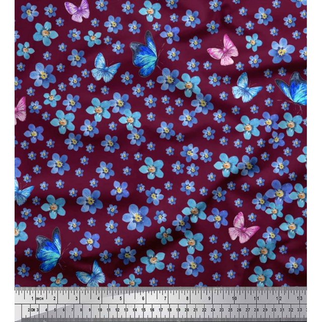 Soimoi polyester Crepe Fabric Butterfly & Flower Floral Print Fabric by the Yard 52 Inch Wide