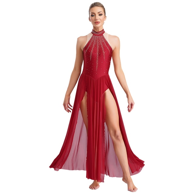 YUUMIN Costumes de Danse Lyrique pour Femmes Jupe Fluide Strass Robe Maxi Fendue Tenue de Danse Moderne Bourgogne G