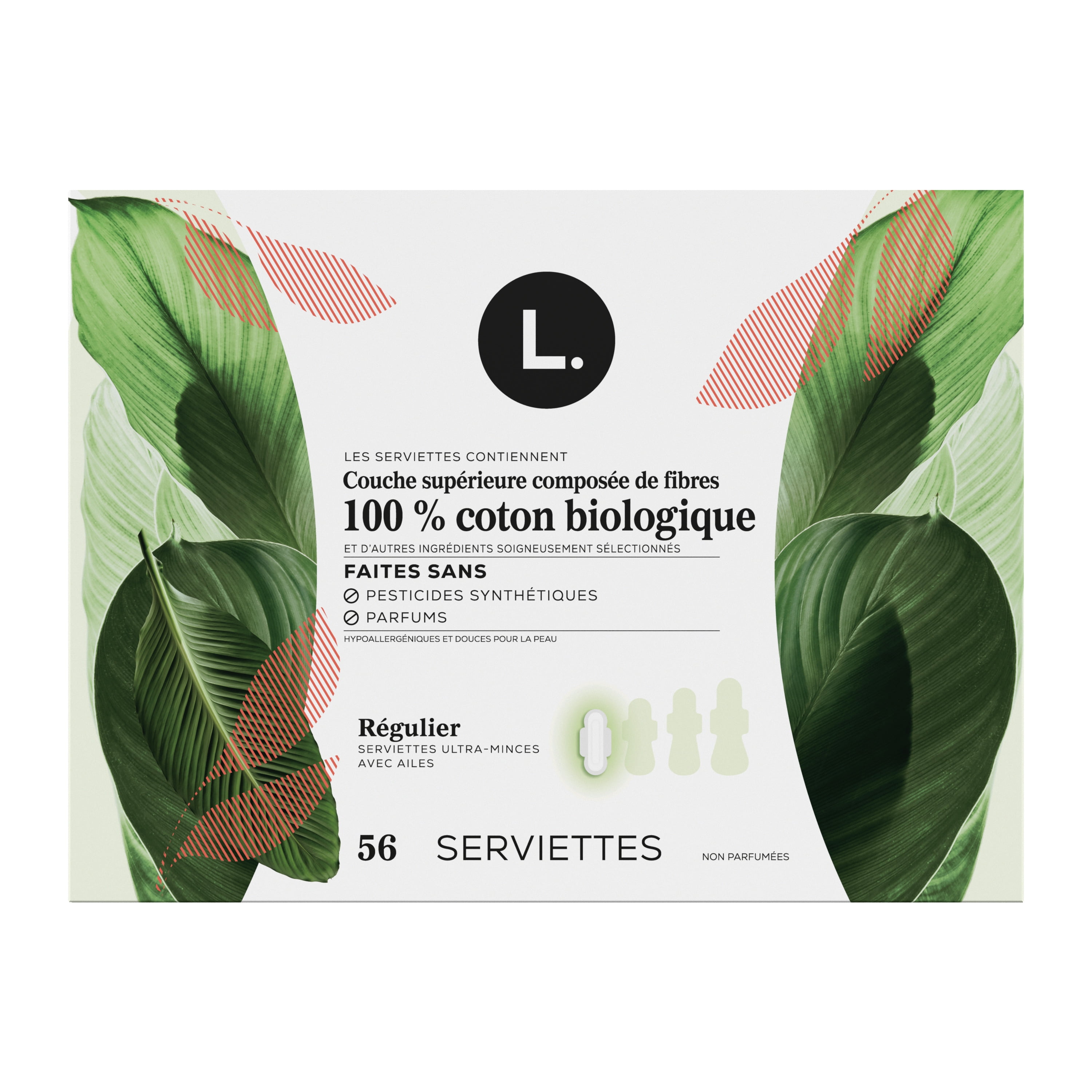 Serviettes menstruelles L. ultraminces pour femmes, degré d’absorption régulier, voile supérieur en coton biologique, avec ailes, 56 U