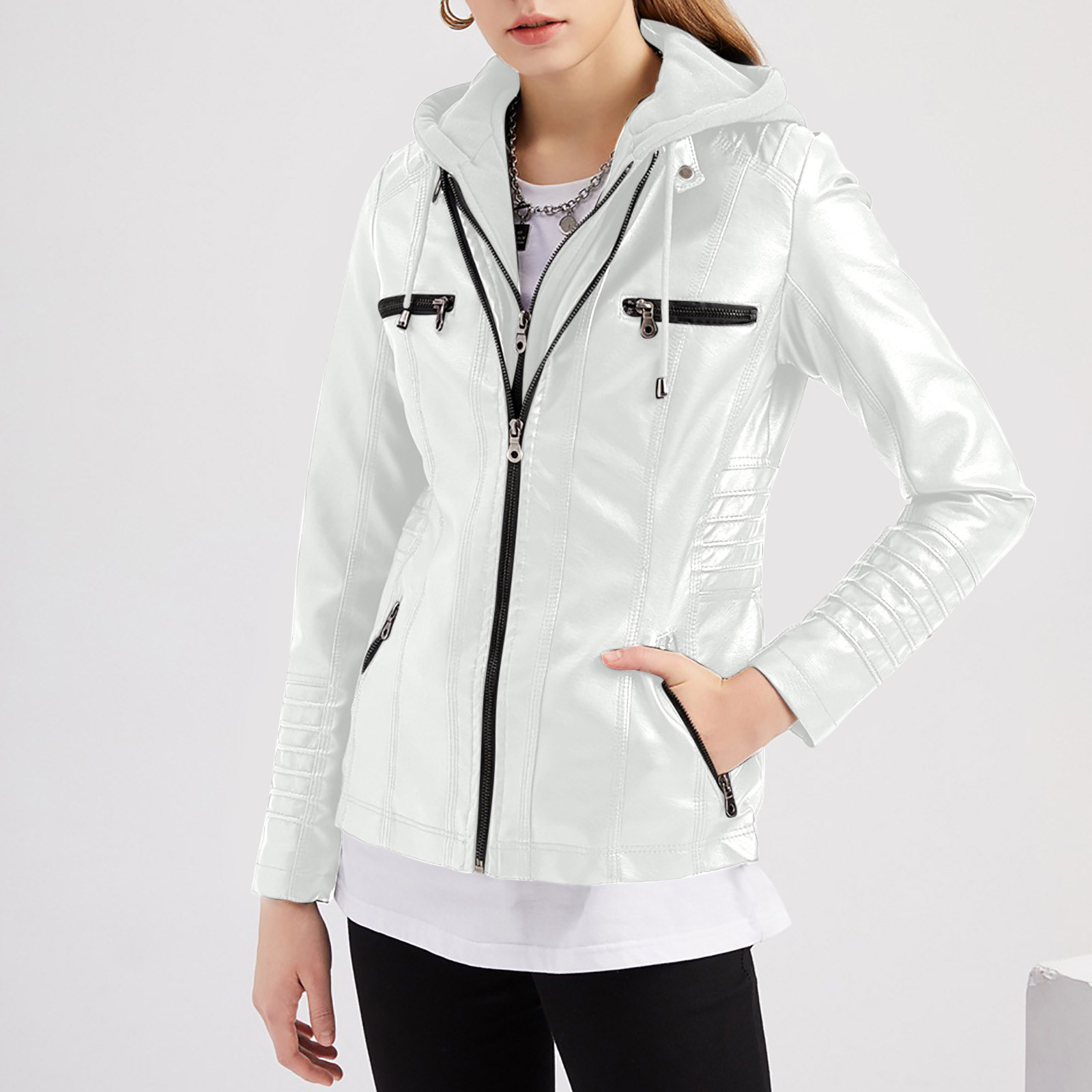 LOVZFMLL Jackets for Women's Solid Color Long Sleeved Leather Jacket Zippered Jacket Pocket Women's Spring Short Jacket