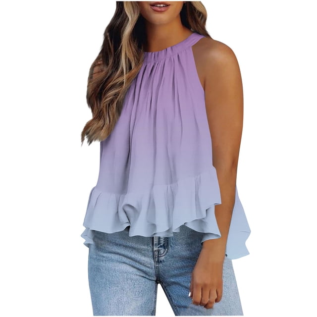 Weiqiqre Womens Tops Adjustable Tie Neckline Ruffle Hem Sleeveless Flowy Halter Tops in a gradient purple to blue color. The top features a halter neckline with an adjustable tie at the back, a loose and flowy fit, and a ruffle hem. Made from lightweight and breathable fabric, it is styled with light-wash jeans, ideal for casual or summer occasions.
