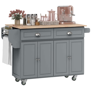 HOMCOM Rolling Kitchen Island on Wheels Utility Cart with Drop-Leaf and Rubber Wood Countertop, Storage Drawers, Door Cabinets, Grey
