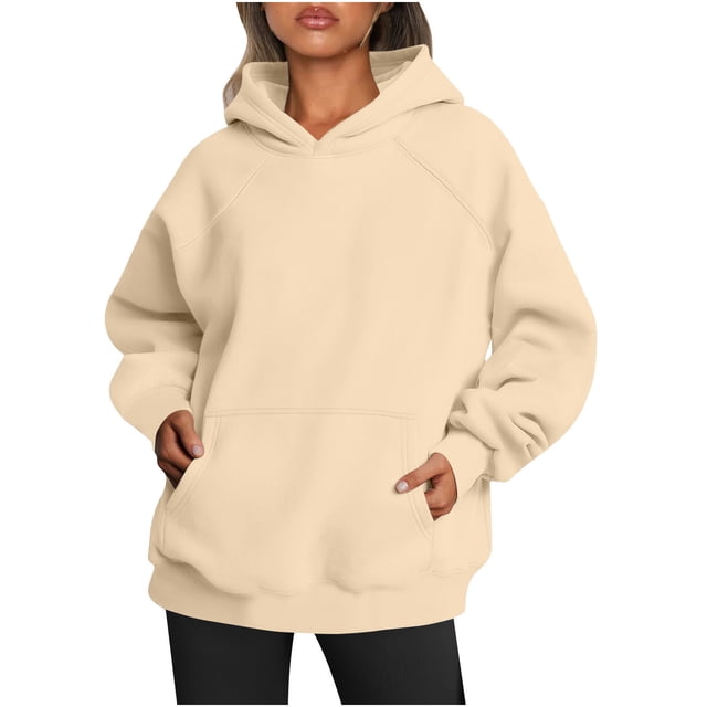 RKSTN Hoodies for Women Fall Solid Color Basic Loose Hoodie Plus Size Sweatshirt in beige, featuring a pullover design with long sleeves, kangaroo pocket, and drop shoulder style. Made from lightweight polyester fabric, suitable for casual, daily, or seasonal wear during autumn and winter. Ideal for pairing with jeans, joggers, or sweatpants.