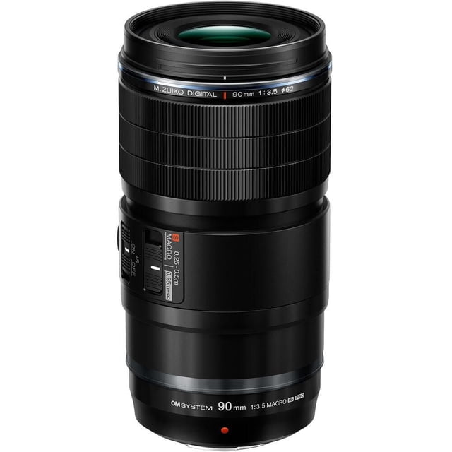OM SYSTEM M.Zuiko 90mm F3.5 Macro PRO Lens in a front-facing view with black matte finish, featuring manual focus clutch, focus limit switch, and macro mode switch, designed for detailed close-up photography with 2x magnification, IP53 weather sealing, and focus stacking capability with compatible cameras.