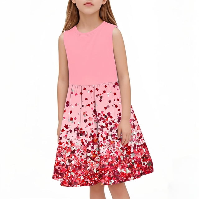 RXIRUCGD 2025 Vêtements d'Été pour Enfants Robe d'Été Sans Manches à Col Rond à Paillettes pour Filles Taille Moyenne Robe Cintrée à la Taille pour Enfants