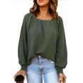 thumbnail image 2 of Square Neck Blouse, Loose Long Puff Sleeve Blouse Soft Pure Color Fashionable  For Daily Life Work For Women Green M, 2 of 6