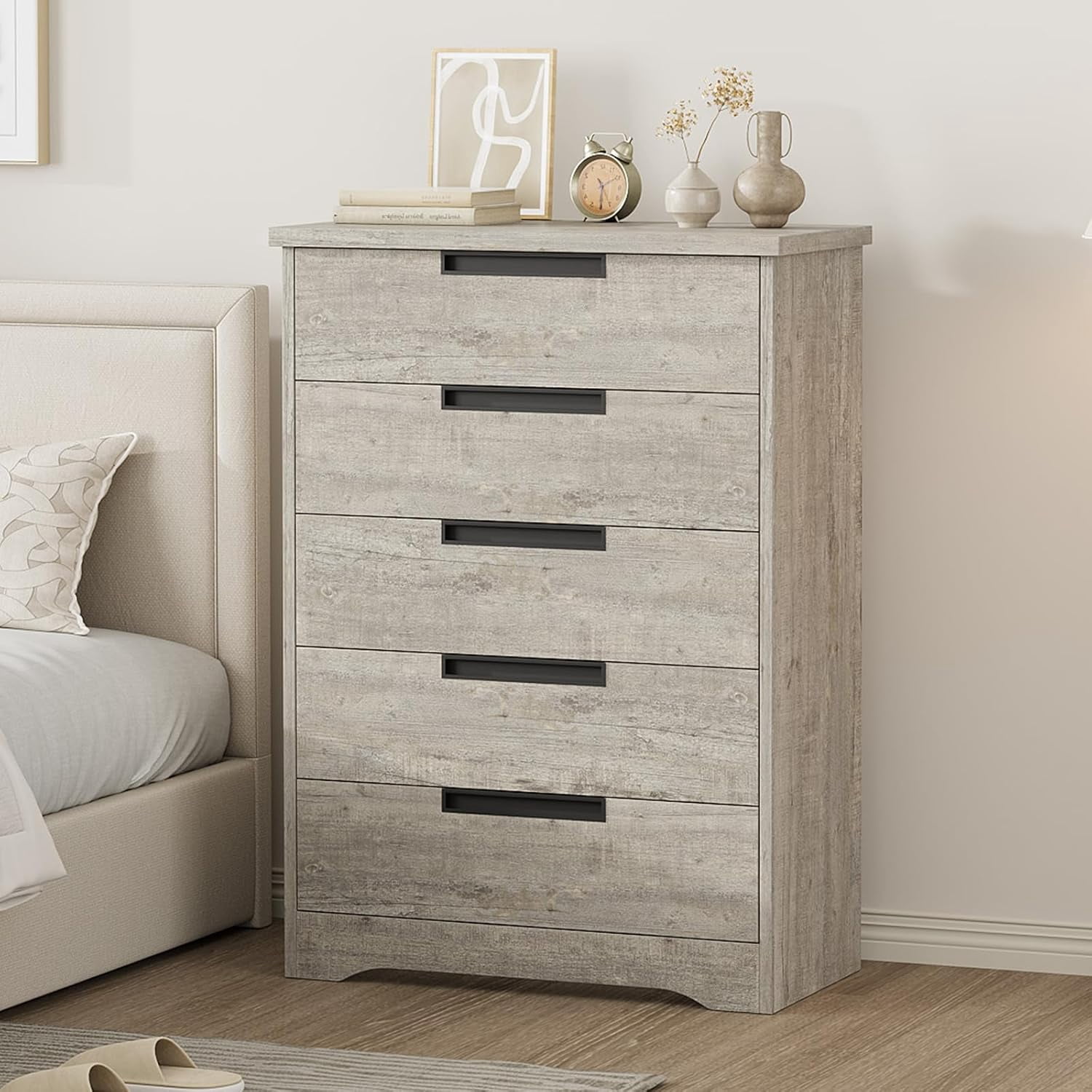 IdealHouse 5 Drawer Dresser for Bedroom, Grey Chest of Drawers with Embedded Handles, Wooden Dresser Organizer for Living Room, Nursery, Hallway and Entryway