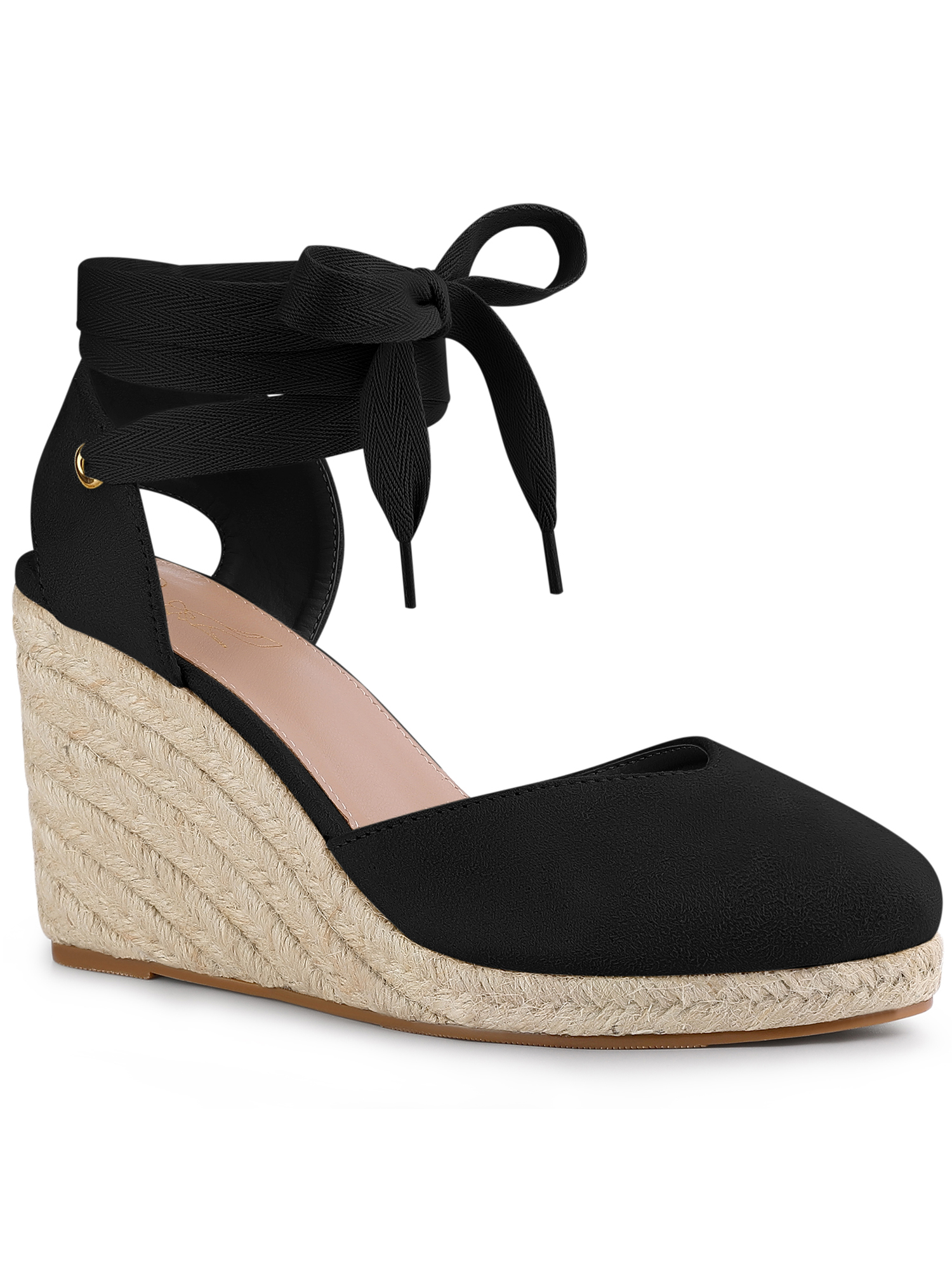 BLISSFUL STEP Sandales Compensées à Plateforme à Lacets Style Espadrille pour Femmes Noir 5,5