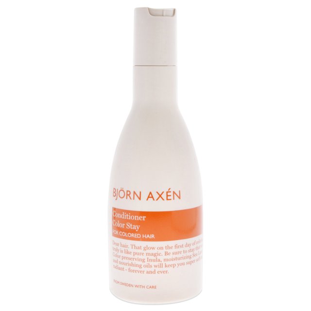Color Stay Conditioner by Bjorn Axen for Unisex - 8.4 oz Conditioner. A white bottle with an orange label featuring text indicating it is a conditioner for color-treated hair. Enriched with organic argan oil, macadamia nut oil, vitamin E, proteins, and sea minerals to nourish and hydrate.