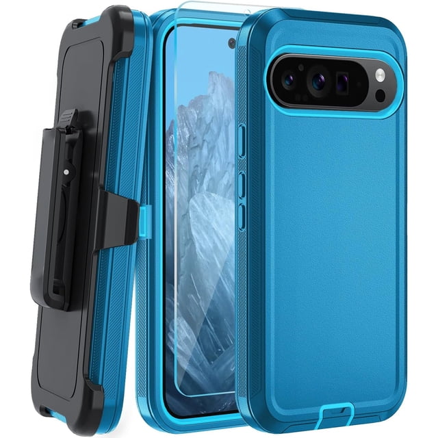 KOMI for Google Pixel 8A Case, with HD Tempered Glass Screen Protector, Heavy Duty Shockproof Drop Protective Rugged Tough Durable Phone Cover with Belt Clip-Lake Blue/Sky Blue
