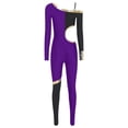 thumbnail image 4 of Raenseen Womens' Long Sleeve Unitard Gymnastics Ballet Dance Bodysuit Metallic Color Block Jumpsuit Purple S, 4 of 5