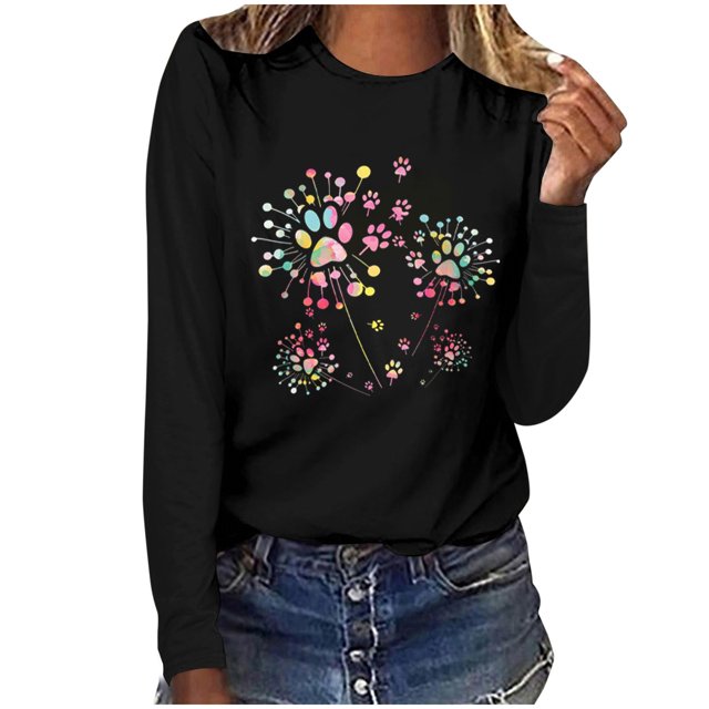 Pisexur Hauts d'Automne pour Femmes Mode Mignon T-Shirt Imprimé Graphique Hauts Col Rond Manches Longues Chemises pour Femmes Habillées Décontractées Sorties Hauts Confort Polyvalents Légers T-Shirts