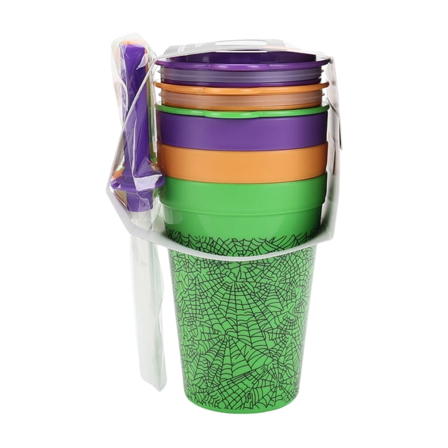 Way To Celebrate 15.5 oz multi color polypropylene kids tumbler set with stacked green, orange, and purple cups, featuring black spider web patterns on the green cup, including matching lids and silicone sippers, suitable for Halloween party tableware.