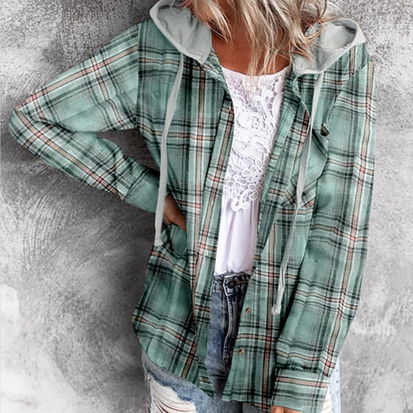 Cardigans for Women Lightweight Ladies Fashion Hooded Plaid Cardigan Buttoned Casual Shirt Jacket Top on Clearance