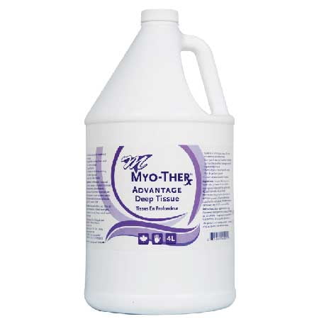 Myo-Ther Deep Tissue Advantage Massage Cream in a 4-liter container. The white bottle features a purple and blue label with the Myo-Ther logo and product details. Designed for deep tissue and sports massage, it is hypo-allergenic, fragrance-free, and water-dispersible to prevent residue buildup. Ideal for sensitive skin and customizable with essential oils.