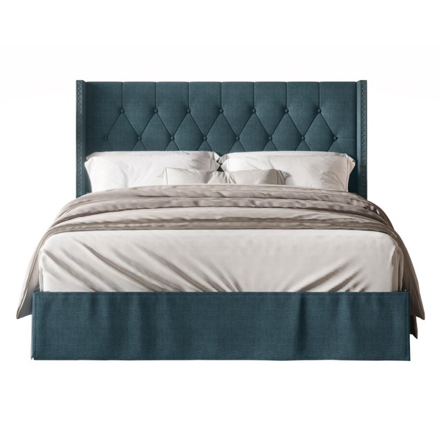 Lit Plateforme Rembourré Capitonné Billy Bleu Denim - Grand Lit