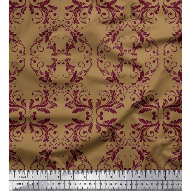 Soimoi Brown Poly Georgette Fabric Quaterfoil Damask Decor Fabric Printed Yard 52 Inch Wide